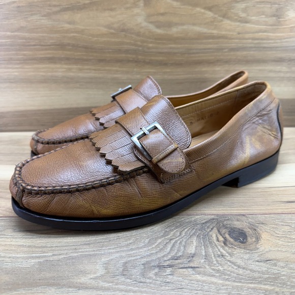 Bruno Magli Kiltie Buckle Moc Toe Loafers Mens 9 M Cognac Leather Vibram Soles main image 5